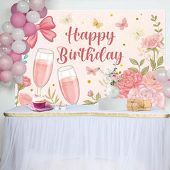 Lofaris Floral Butterfly Bow Cheers To Birthday Backdrop