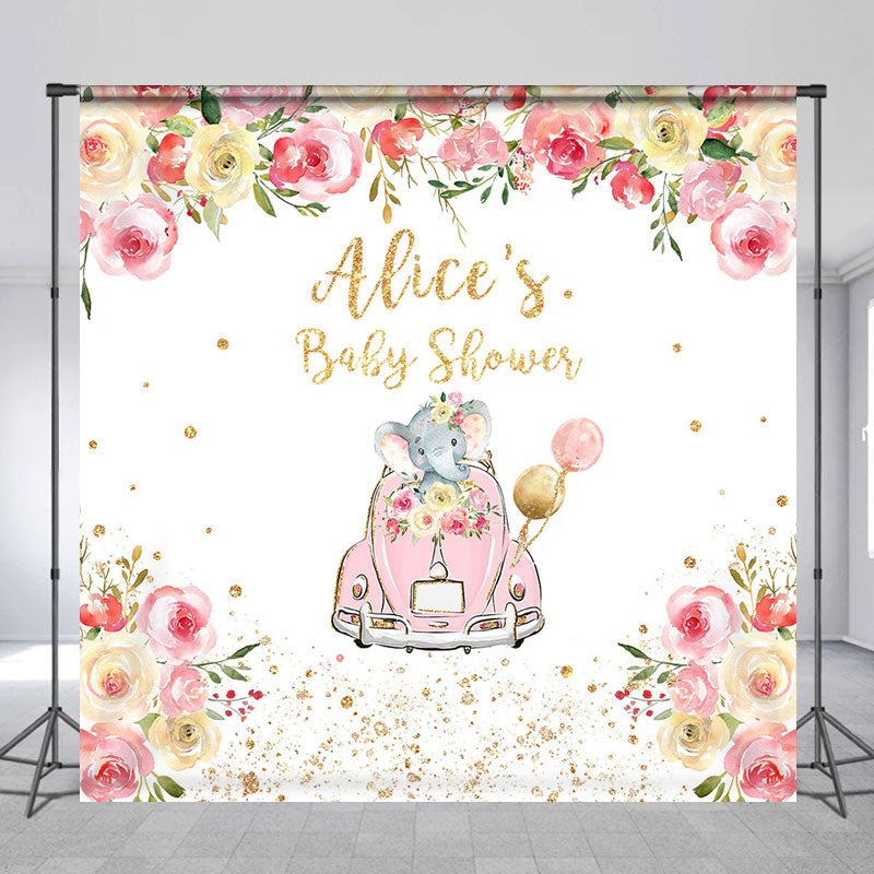 Lofaris Floral Car Elephant Custom Name Baby Shower Backdrop