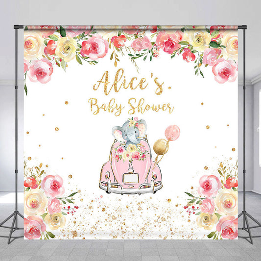 Lofaris Floral Car Elephant Custom Name Baby Shower Backdrop