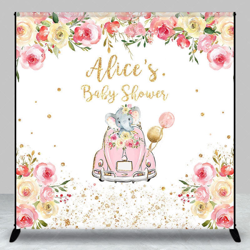 Lofaris Floral Car Elephant Custom Name Baby Shower Backdrop