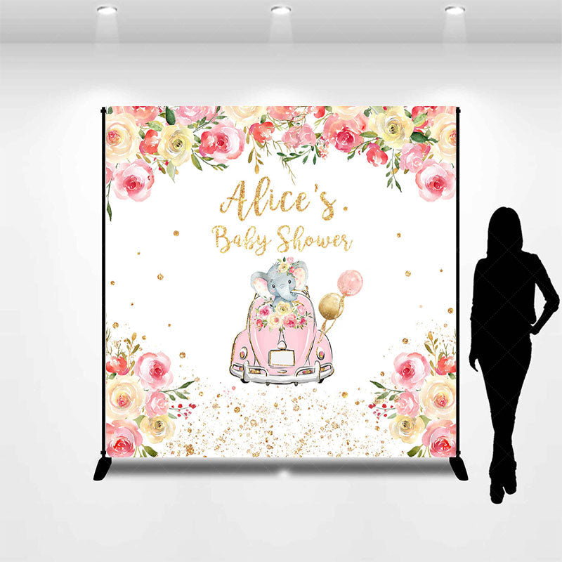 Lofaris Floral Car Elephant Custom Name Baby Shower Backdrop