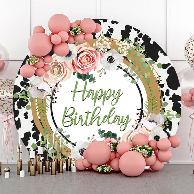 Lofaris Floral Cow Pattern Circle Happy Birthday Backdrop