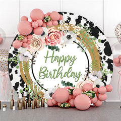 Lofaris Floral Cow Pattern Circle Happy Birthday Backdrop