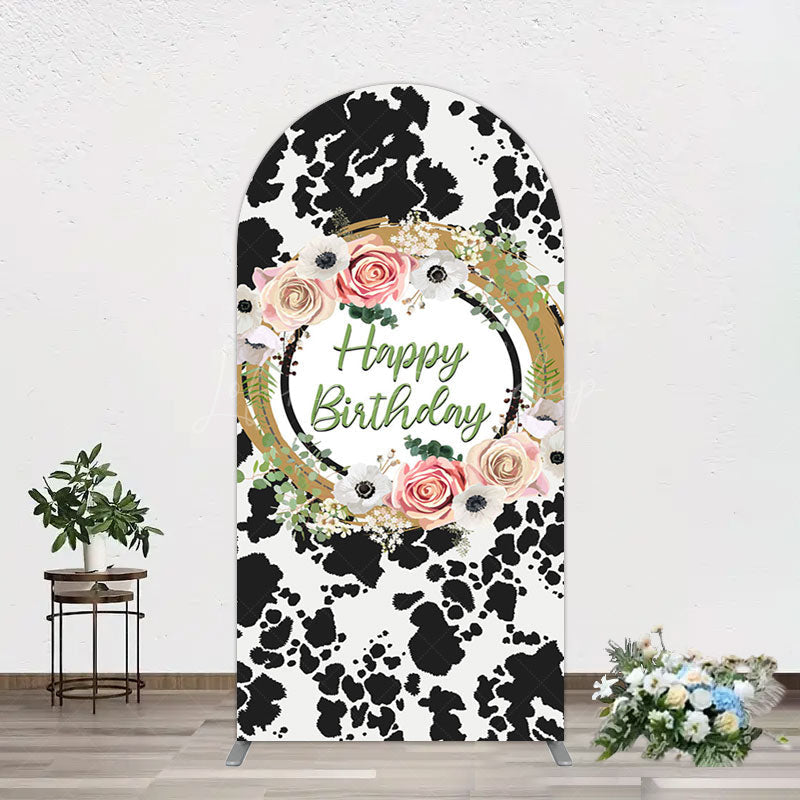 Lofaris Floral Cow Pattern Sweet Happy Birthday Arch Backdrop
