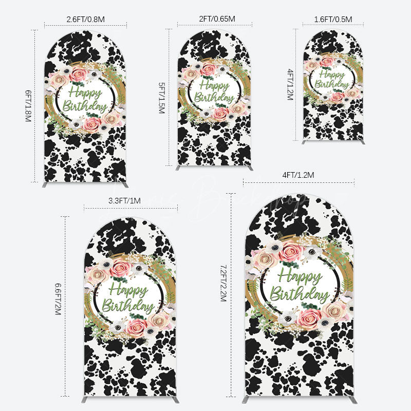 Lofaris Floral Cow Pattern Sweet Happy Birthday Arch Backdrop