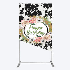 Lofaris Floral Cow Pattern Sweet Happy Birthday Rectangle Backdrop