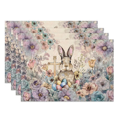 Lofaris Floral Cross Easter Bunny Set of 4 Placemats Colorful Egg Rabbit Religious Table Mats for Spring