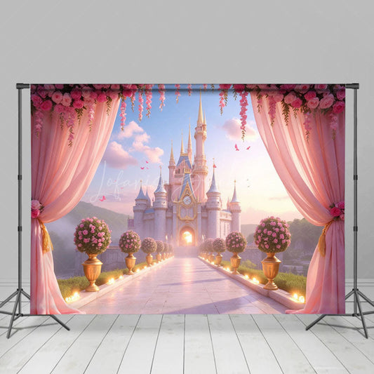 Lofaris Floral Curtain Pink Castle Wonderland Photo Backdrop