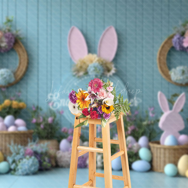 Lofaris Floral Decor Blue Wall Eggs Bunny Easter Backdrop