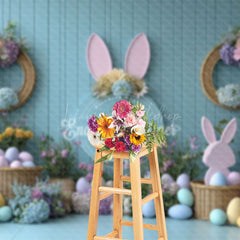 Lofaris Floral Decor Blue Wall Eggs Bunny Easter Backdrop