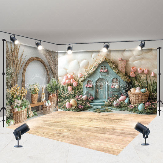 Lofaris Floral Eggs Cabin Spring Easter Room Set Backdrop