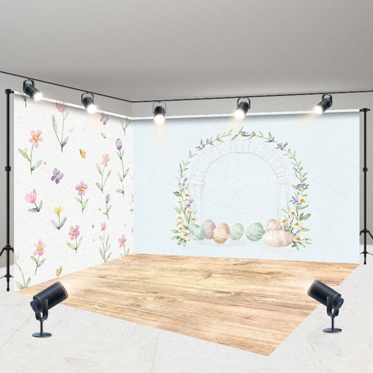 Lofaris Floral Eggs Wooden Floor Easter Room Set Backdrop