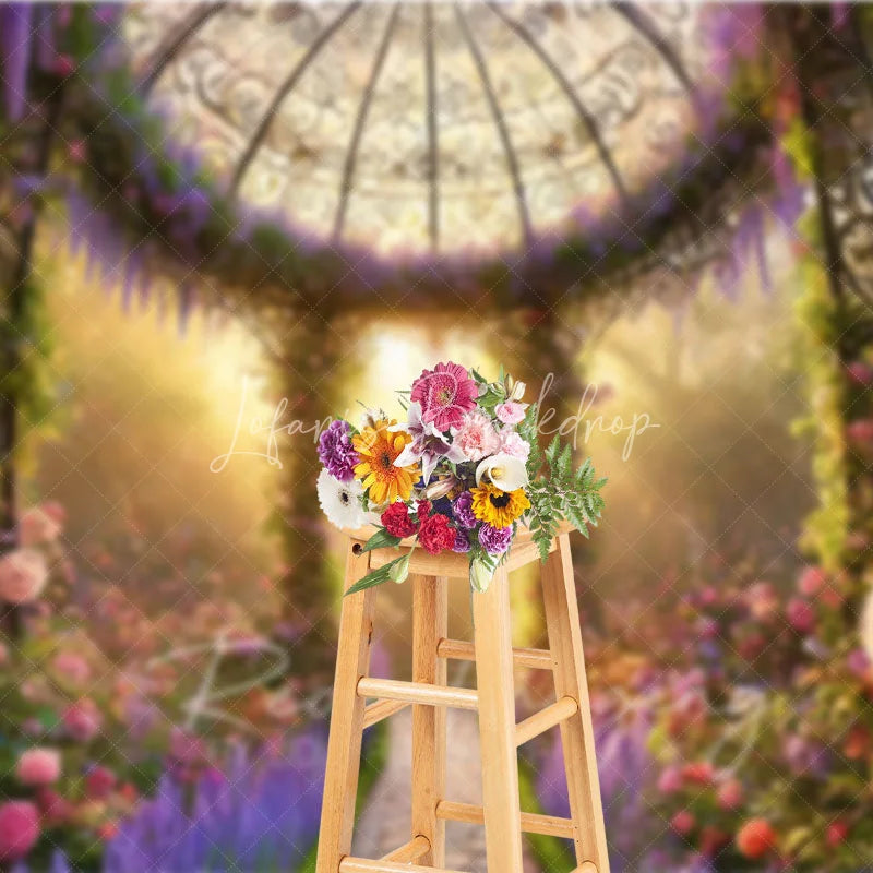 Lofaris Floral Garden Gazebo Backdrop Pink Roses and Purple Flowers Sunlight Photography Background Spring Portrait Props