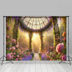 Lofaris Floral Garden Gazebo Backdrop Pink Roses and Purple Flowers Sunlight Photography Background Spring Portrait Props
