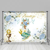 Lofaris Floral Glitter Cross Blue Dove Mi Bautize Backdrop