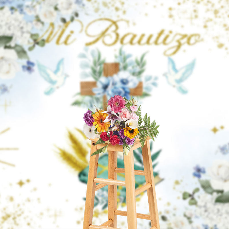 Lofaris Floral Glitter Cross Blue Dove Mi Bautize Backdrop