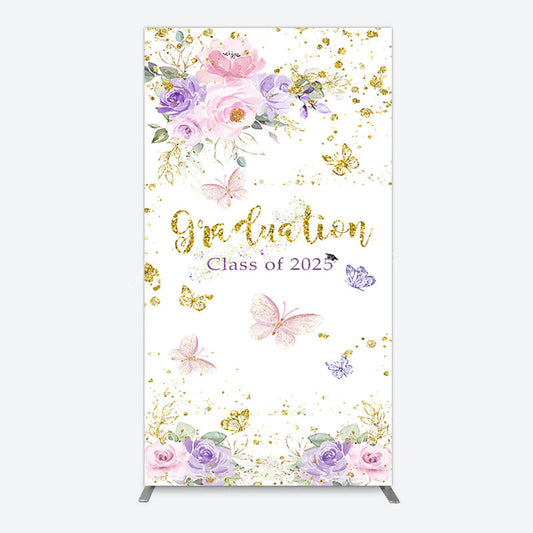 Lofaris Floral Gold Glitter Congrats Graduation Rectangle Backdrop