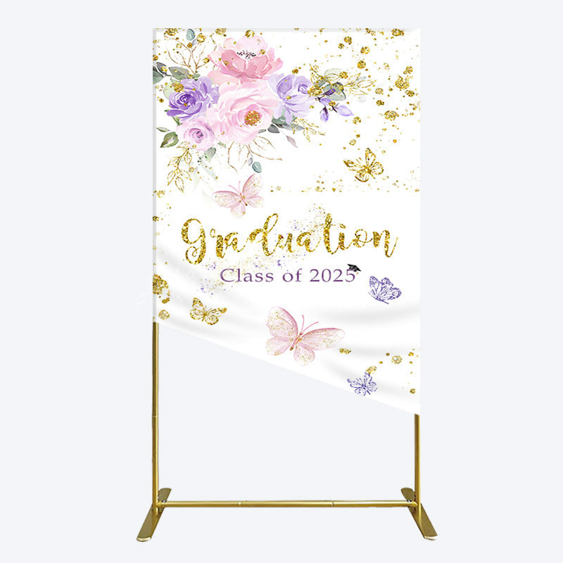 Lofaris Floral Gold Glitter Congrats Graduation Rectangle Backdrop