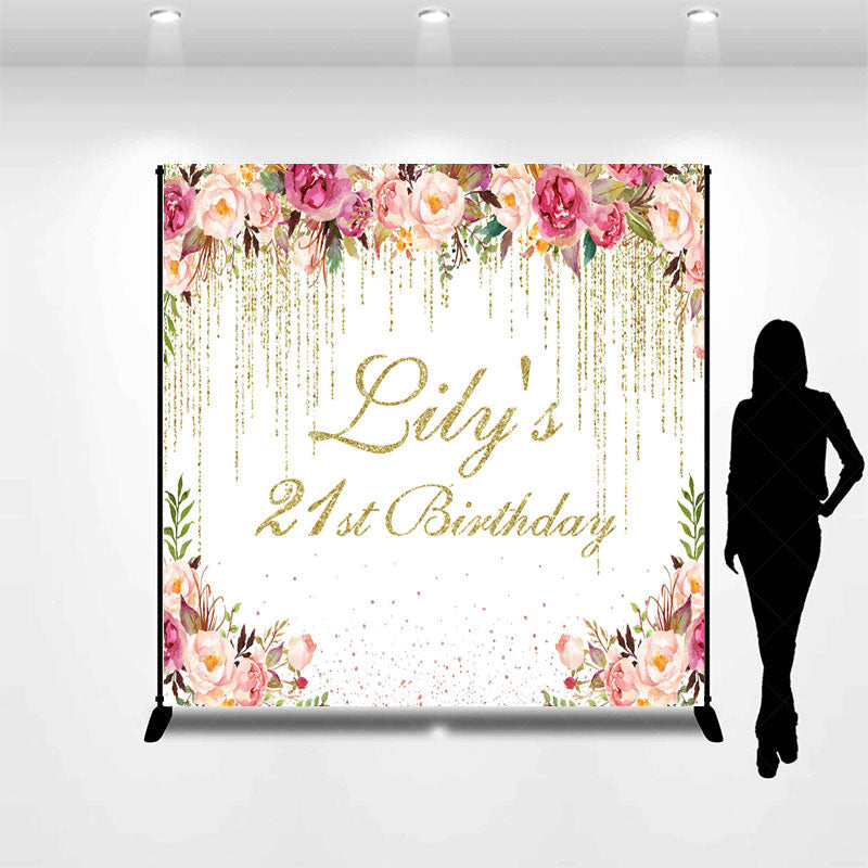 Lofaris Floral Gold Glitter Custom Name 21st Birthday Backdrop