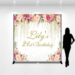 Lofaris Floral Gold Glitter Custom Name 21st Birthday Backdrop