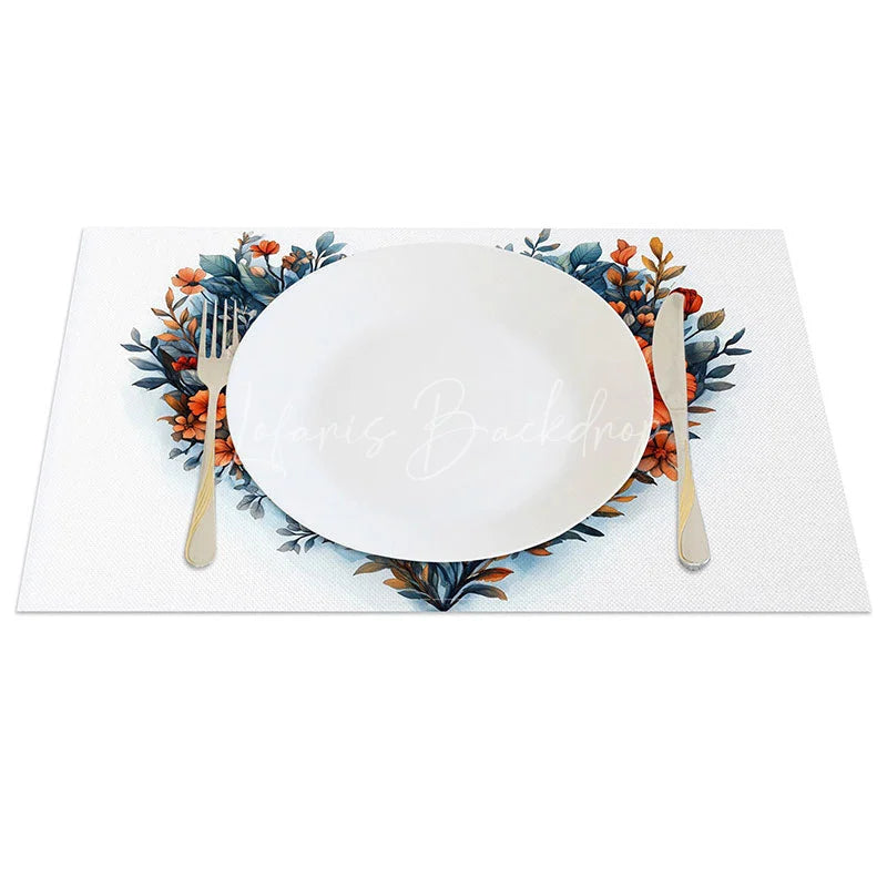 Lofaris Floral Heart Love Sign Set of 4 Placemats Blue Red Flower Valentine Decoration Romantic Text Dining Table Mat