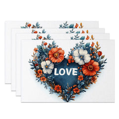 Lofaris Floral Heart Love Sign Set of 4 Placemats Blue Red Flower Valentine Decoration Romantic Text Dining Table Mat