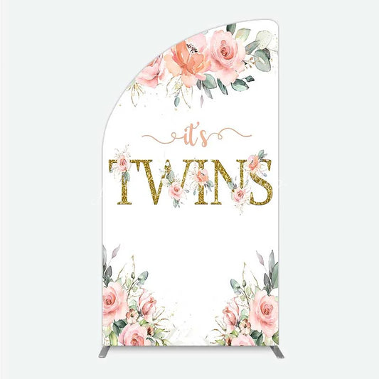 Lofaris Floral It’s Twins Half Moon Arch Backdrop with Pink Roses Gold Glitter Baby Shower Decoration for Twin Girls