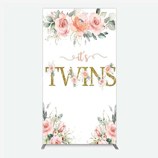 Lofaris Floral It’s Twins Rectangle Backdrop with Pink Roses Gold Glitter Baby Shower Decoration for Twin Girls