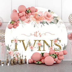 Lofaris Floral It’s Twins Round Backdrop with Pink Roses Gold Glitter Baby Shower Decoration for Twin Girls Party