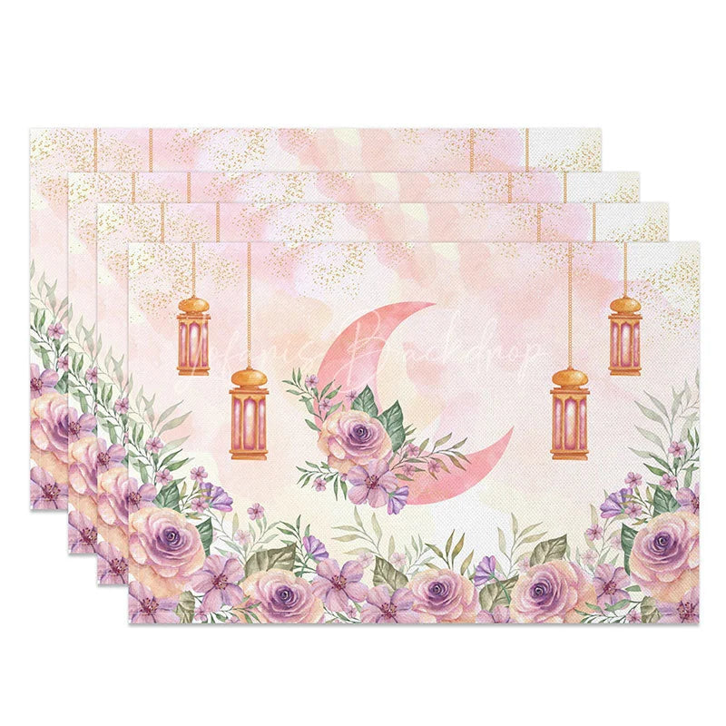 Lofaris Floral Moon Ramadan Set of 4 Placemats Watercolor Purple Rose and Gold Lantern Eid Mubarak Table Mats