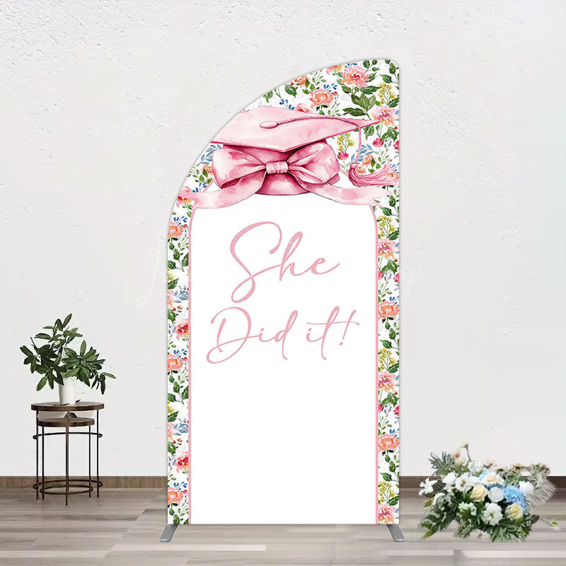 Lofaris Floral Pink Bachelor Cap She Did It Grad Half Moon Arch Backdrop