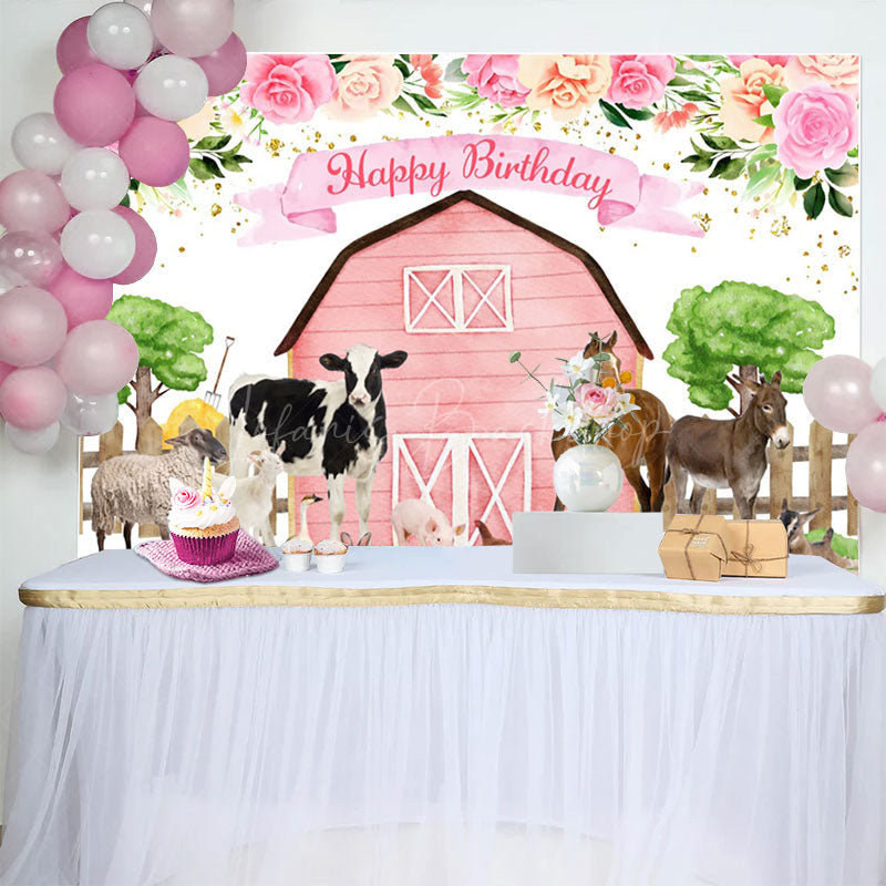 Lofaris Floral Pink Cowgirl Farm Animals Birthday Backdrop