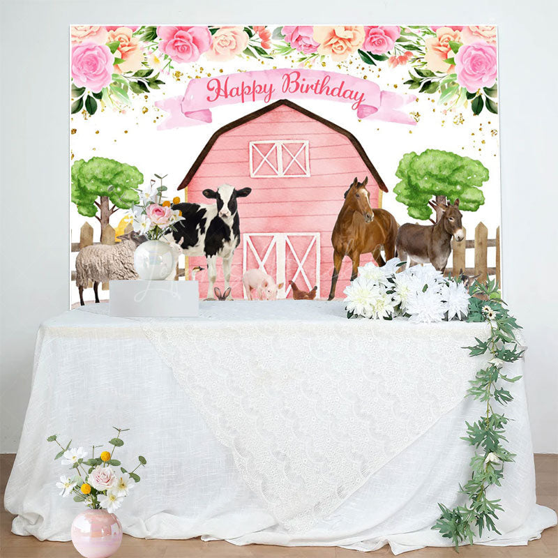 Lofaris Floral Pink Cowgirl Farm Animals Birthday Backdrop