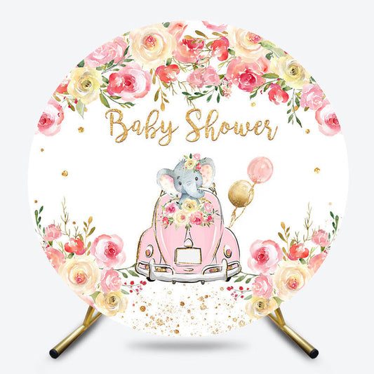 Lofaris Floral Pink Elephant Car Round Baby Shower Backdrop