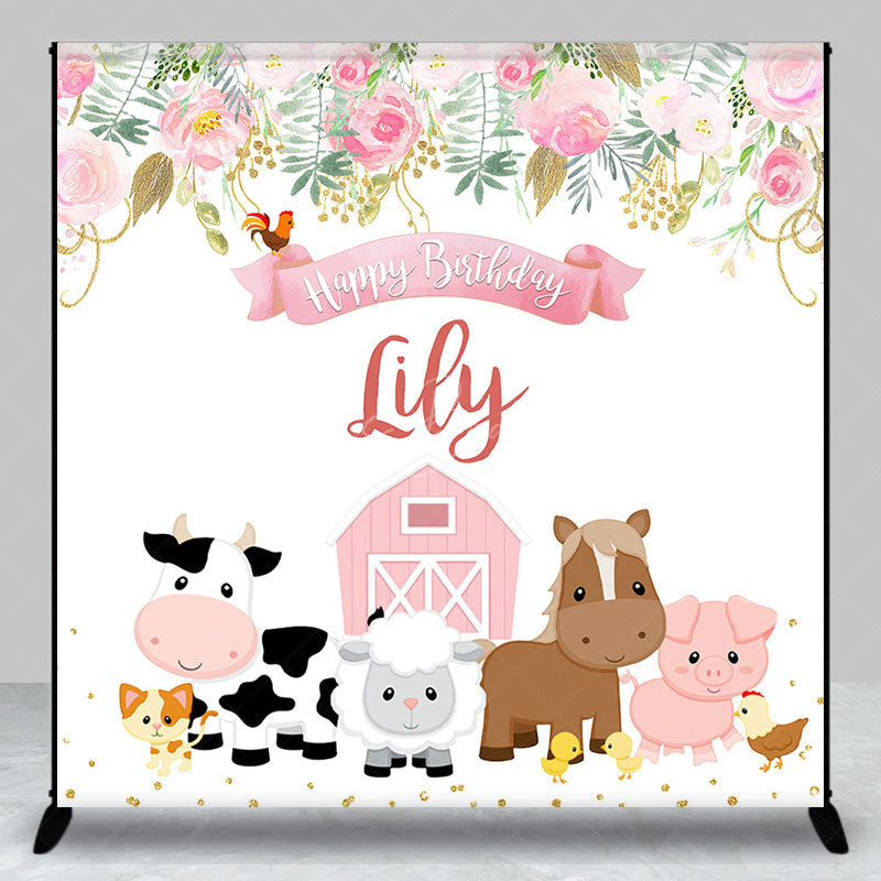 Lofaris Floral Pink Farm Animal Custom Birthday Backdrop