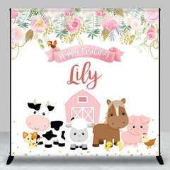Lofaris Floral Pink Farm Animal Custom Birthday Backdrop