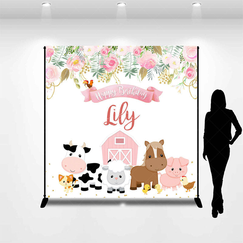 Lofaris Floral Pink Farm Animal Custom Birthday Backdrop