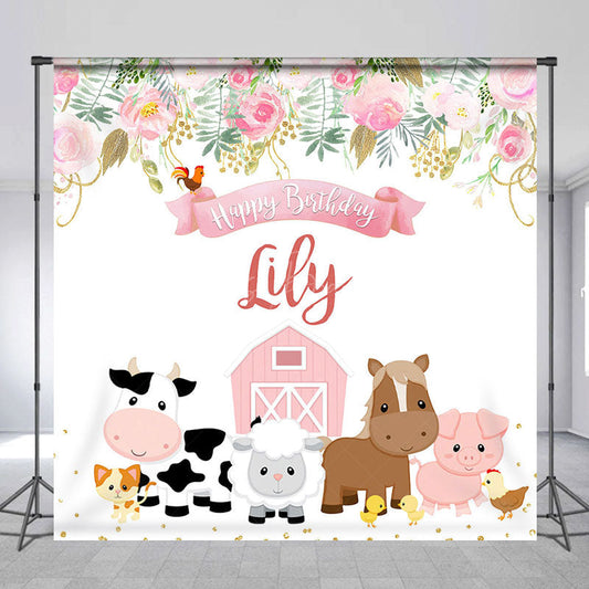 Lofaris Floral Pink Farm Animal Custom Birthday Backdrop