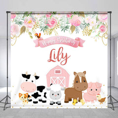 Lofaris Floral Pink Farm Animal Custom Birthday Backdrop