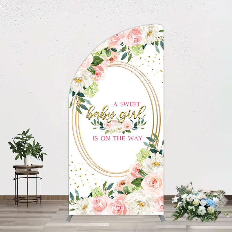 Lofaris Floral Pink Glitter Gold Baby Shower Half Moon Arch Backdrop