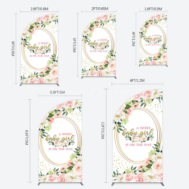 Lofaris Floral Pink Glitter Gold Baby Shower Half Moon Arch Backdrop