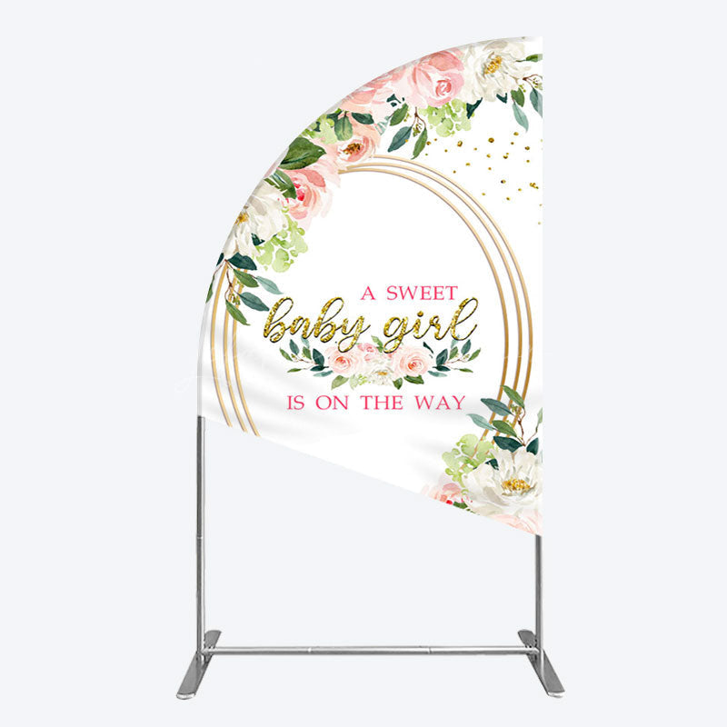 Lofaris Floral Pink Glitter Gold Baby Shower Half Moon Arch Backdrop