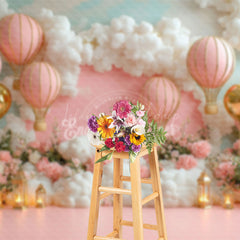 Lofaris Floral Pink Hot Air Balloon Birthday Photo Backdrop