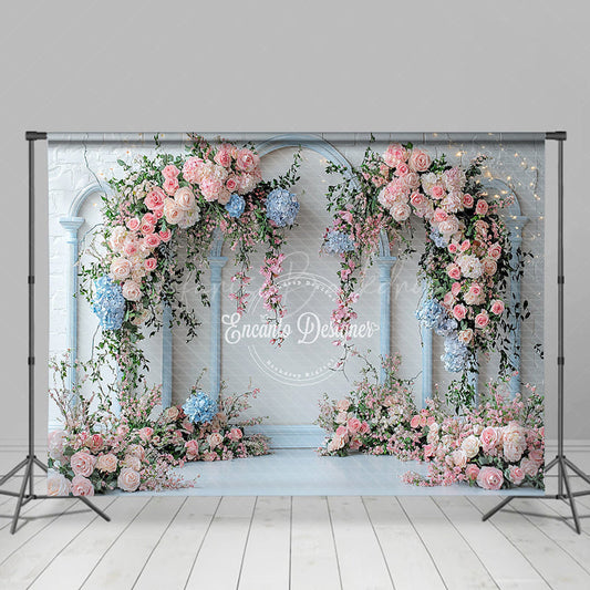 Lofaris Floral Pink Triple Arch White Wall Wedding Backdrop