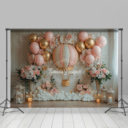 Lofaris Floral Pink White Hot Air Balloon Birthday Backdrop