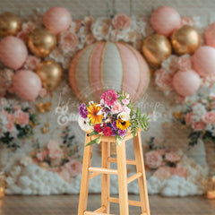 Lofaris Floral Pink White Hot Air Balloon Birthday Backdrop