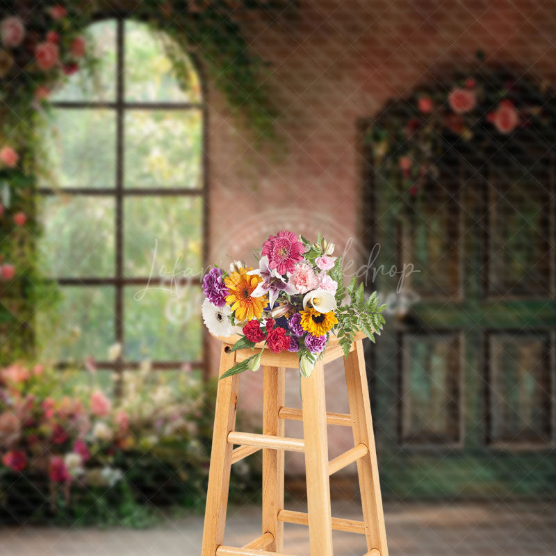 Lofaris Floral Plant Retro Pink Door Window Photo Backdrop