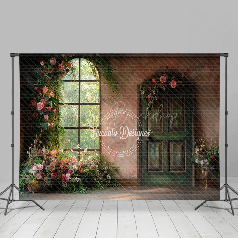 Lofaris Floral Plant Retro Pink Door Window Photo Backdrop