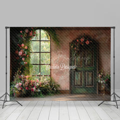 Lofaris Floral Plant Retro Pink Door Window Photo Backdrop