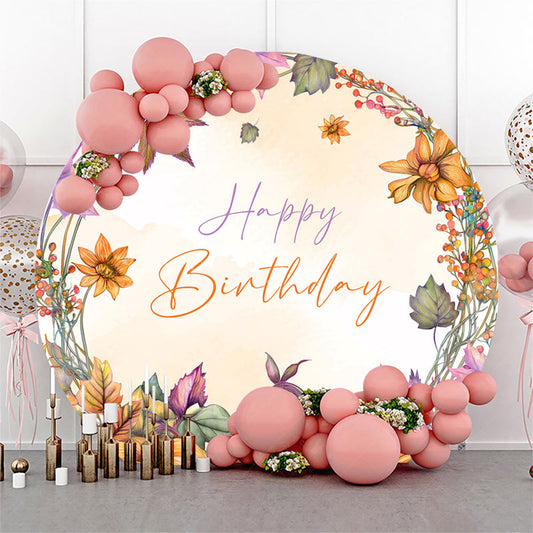 Lofaris Floral Pumpkins Maple Round Happy Birthday Backdrop